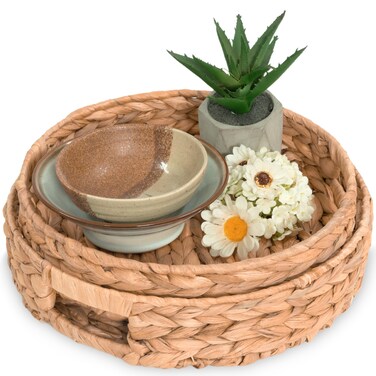 KOLWOVEN Set of 2 Round Round Wicker Baskets, 13 inch and 11.8 Inch Wicker Serving Tray, Countertop Wooden Round Fruit Baskets Decorative Coffee Table Tray