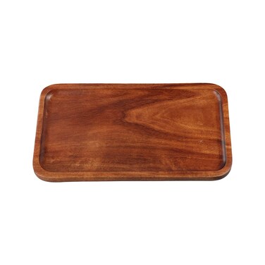 Pokinge Wooden Serving Tray, Rectangle Food Storage Dish Acacia Wood Dessert Serving Plate Multifunctional Fruit Cake Plate with Easy Carry Grooved Handle(20x10.5cm)