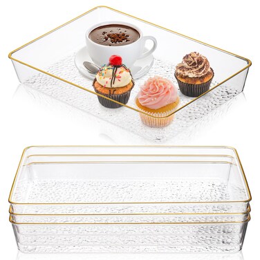 Cididu 4 Pack Clear Serving Trays, Deep Serving Platters Rectangle 12'' x 8'', Decorative Tray with Gold Rim, Reusable Plastic Tray Organizer for Coffee Table Pantry Party Food Display Spill Proof