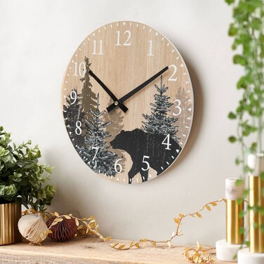 SwallowLiving Cabin Bear Wall Clock 12 Inch Silent Non Ticking Clock Wooden Forest Wildlife Mountain Lodge Wall Clock Battery Operated Rustic Farmhouse Wall Clock