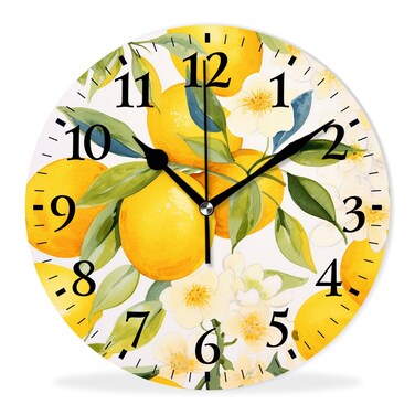 Kyvita Modern Wall Clocks Non-Ticking Silent Battery Operated Analog Clock Decor Wall Clocks for Bathroom-Fresh Yellow Lemons and Flowers Watercolor Drawing(10inch)