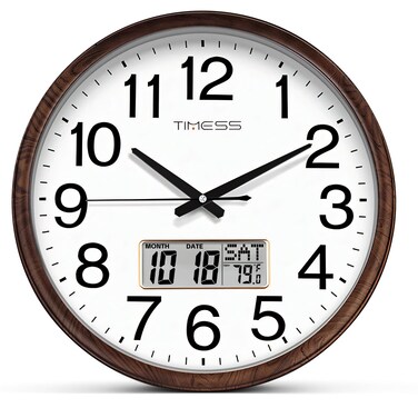 TIMESS Wall Clock, Classic Wood Style Finish, 13 Inch Non-Ticking Silent Battery Operated Quartz Analog with Perpetual Calendar and F&Acirc;&deg; Temperature Display, Home, Office D&Atilde;&copy;cor (Chestnut Brown)