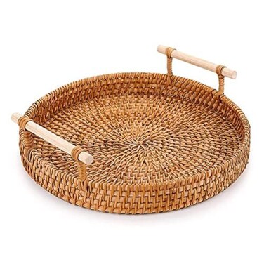 Rattan Tray 8.7-Inch Round Serving Tray Decorative Trays for Coffee Table Decorative Tray   Woven Tray for Bread, Wicker Tray Coffee Table Basket Tray with Handles for Fruit Vegetables Restaurant etc.