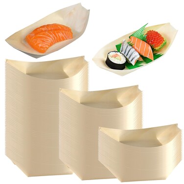 Uprony 300PCS Disposable Wood Plates, Rustic Design, Biodegradable Food Serving Tray, 5'' Plates, for Mini Sushi Boat, Party, Wedding, Picnic