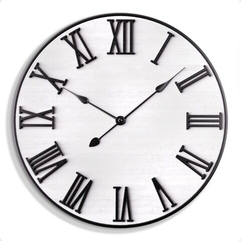 Large Wall Clock 24&quot; Round - Silent Metal &amp; Wood Large Clock - Farmhouse Wall Clock Large - 24 Inch Wall Clock For Living Room Decor - Big Wall Clock Roman Numerals - Wall Clocks For Living Room Decor