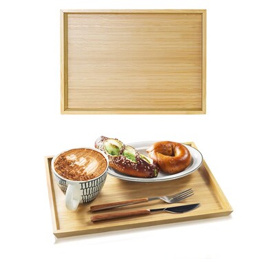 BFTOU 2pcs Rectangular Bamboo Serving Tray for Eating Drinks Storage Snacks TV Breakfast Coffee Parties Bathroom (13.8"x 10.2"x 0.8")