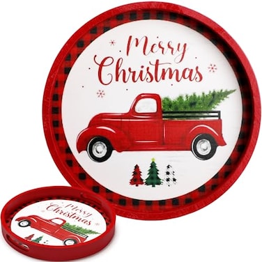Burbell Christmas Serving Tray with Handles Christmas Round Decorative Tray Coffee Table Serving Platter Rustic Wooden Decorative Tray for Xmas Entertaining for Coffee Wine Table Serving (Truck)