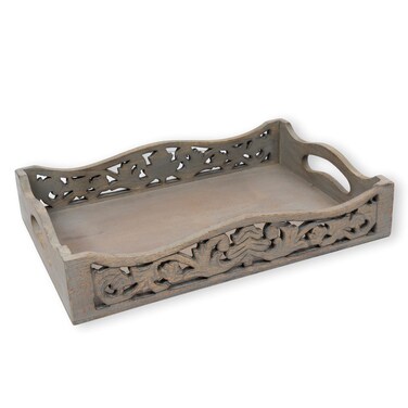 GoCraft Handmade Wooden Tray with Handles   Wood Ottoman Tray, Serving Tray for Breakfast in Bed, Tea, Coffee with Cutout Handles   Grey Washed Finish, Lattice Design (15" X 10" x 3")