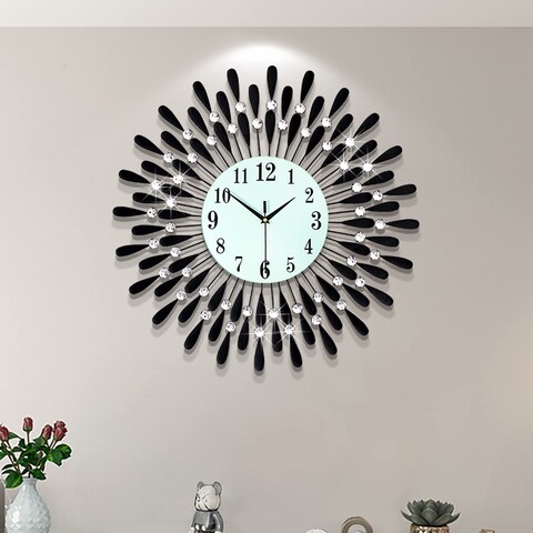 YIJIDECOR Large Wall Clocks for Living Room Decor Big Modern Silent Wall Clock Non-Ticking for Bedroom Office Kitchen Home Decorative 24 Inch Round Black Clock Crystal Wall Art Decor for Indoor House