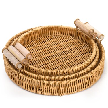 Dicunoy 3 Pack Rattan Basket Tray, Plastic Round Wicker Serving Baskets with Handles for Bread, Coffee Table, Decorative Woven Serving Tray for Vegetable, Snack