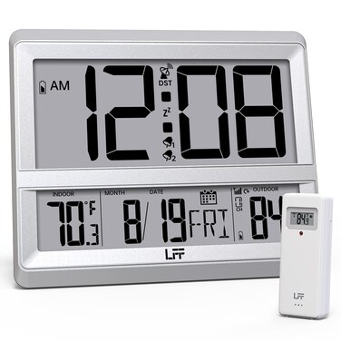 LFF Atomic Clock Large Display, Digital Wall Clock with Indoor Outdoor Temperature and Date, Wireless Outdoor Sensor, Digital Desk Alarm Clock Battery Operated for Bedroom, Easy to Read,Sliver