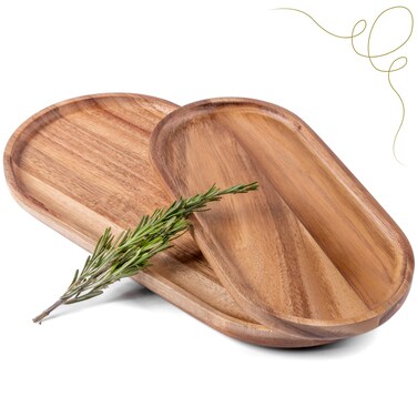 SPEShh Acacia Wooden Serving Trays Set of 2 - Rectangular Oval Shaped Wood Plates for Charcuterie Cheese Bread Fruit Vegetable Dip Sushi - Rustic Serving Platter Shallow Dishes -14x7 &amp; 11x5.5 In.