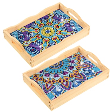 2 Pcs Mandala DIY Diamond Painting Tray Mandala Decorative Diamond Wooden Serving Tray with Handle Diamond Art Painting Handmade Wooden Tray for Adult Dinner Coffee Table Party Food, 11.8 x 7.8 Inches