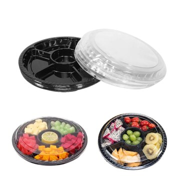 Black Plastic Appetizer Trays with Lids, Travel Round Disposable Compartment Serving Platters,6 Sectional Catering Trays for Vegetable Salad Food for Fruit Veggie Snack Food Containers (10 Pack)