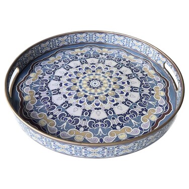 Zosenley Round Decorative Tray, Marbling Plastic Tray with Handles, Modern Vanity Tray and Serving Tray for Ottoman, Coffee Table, Kitchen and Bathroom, Size 13 INCH (Blue Purple Pattern)