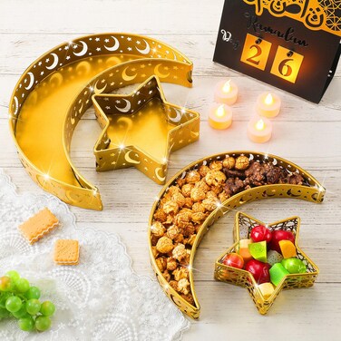 Seeloowy 4 Pcs Ramadan Trays Decor Eid Mubarak Moon Serving Trays Star Islam Muslim Food Serving Tray Iron Tray Decorations for Ramadan Islam Party Dessert Pastry Display Holder Decoration(Modern)