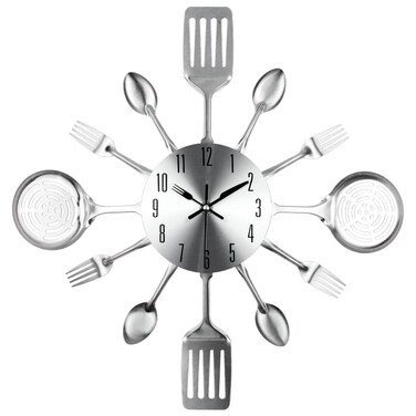 Timelike 16 Inch Large Kitchen Wall Clocks with Spoons and Forks Creative Modern Home Decor Antique Style Wall Watch (Silver)
