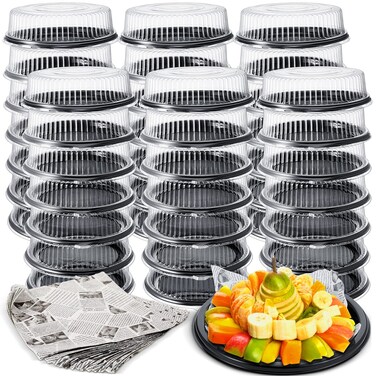 Tessco 48 Pcs 12 in Catering Trays with Lids Serving Trays Disposable Black Plastic Round Platters with Clear Lids and 96 Pcs Deli Wax Paper Sheets for Party Food Sandwich Veggie Cookie Trays