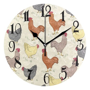 ALAZA Rooster Chicken Yellow Round Wall Clock Non-Ticking Silent Battery Operated Decorative Clock for Living Room Home Office Decor