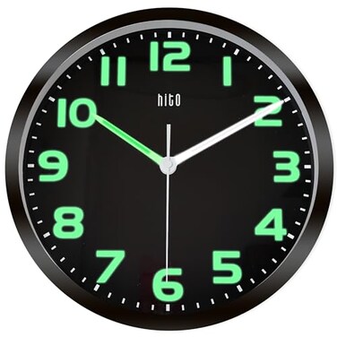 HITO 10 Inch Night Light Wall Clock Battery Operated Brightness Adjustable, Black Metal Frame, Glass Cover(Hands + Numbers Illuminate)