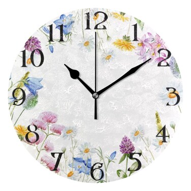 MFTJYO White Daisy Pink Flower Spring Wildflower Silent Non-Ticking Kitchen Clock Decor 9.5 Inch Round PVC Oil Painting Dial Battery Operated Easy to Read for Bedroom Living Room Home