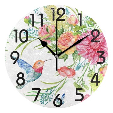 Naanle Beautiful Spring Hummingbirds Butterfly Flowers Round Wall Clock, 9.5 Inch Battery Operated Quartz Analog Quiet Desk Clock for Home,Kitchen,Office,School