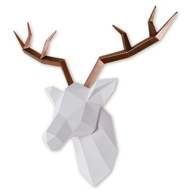 SAC SMARTEN ARTS Faux Taxidermy Animal Head Wall Decor - White Deer Head Wall Mount - Decorative Gold Deer Antlers Wall Decor by 14 x11 inches