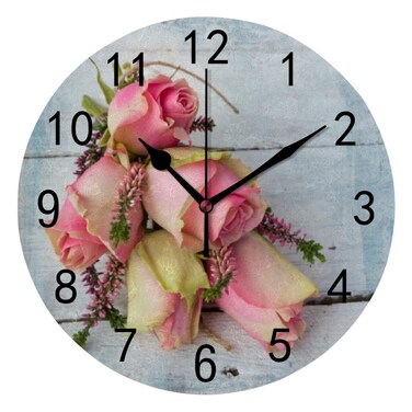 Wall Clock for Living Room Decor Pastel Pink Roses PVC 9.8 Inch Hanging Round Desk Clocks Silent Non-Ticking Battery Operated Easy to Read Bathroom Kitchen Office