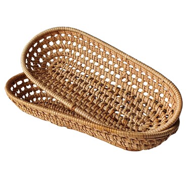 Set of 2 Small Handwoven Rattan Bread Baskets Wicker Serving Organizer Tabletop Fruit Platter, Vegetables Serving Rattan Tray Storage, Honey Brown, Oval, 11x6x2