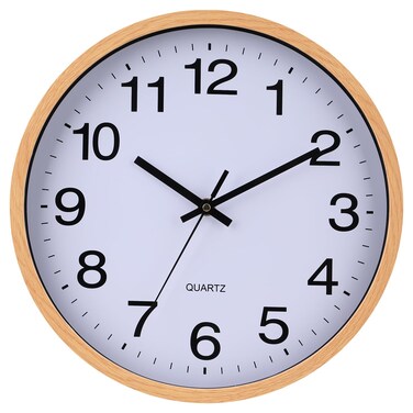 TOHOOYO Wall Clock 12 Inch Wooden Frame Glass Cover Non-Ticking Number Quartz Modern Quartz Design Decorative Bedroom Kitchen Office Classroom Light Brown