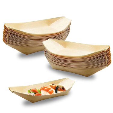 Voittozege 100 Pcs Bamboo Boat Plates Disposable Wooden Boat Plates, Leaf Boat Sushi Serving Tray 5.5" x 3.2", Bamboo Appetizer Boat Food Container for Appetizers