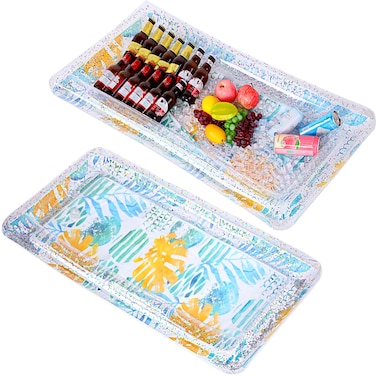 Patelai 2 Pcs Glitter Inflatable Buffett Cooler 49.2 x 24.8 x 4.7'' Food Cooler with a Drain Plug Buffet Inflatable Serving Bar Tray with Glitter Confetti for Food Summer Independence Day(Leave)