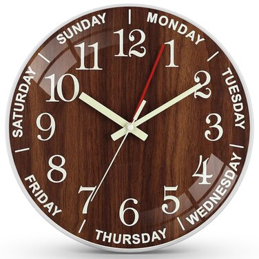QINFIEY 12 Inch Day of Week Wall Clock, Non Ticking Modern Clocks Battery Operated&iuml;&frac14;&OElig;Analog Day Clock for Seniors Eldly&iuml;&frac14;&OElig;Classic for Office Home Classroom School Living Room,Unique Gift Clock(Brown)