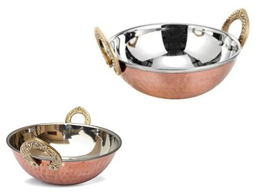 Billion Deals Set of 2, Indian Copper Serveware Karahi Vegetable Dinner Bowl with Handle for Indian Food, Diameter 13 Cm Approx