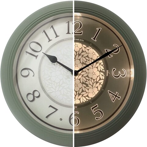Presentime &amp; Co. 12.6&quot; Illuminated Farmhouse Wall Clock, Silent Battery Operated Night Light Wall Clock with Smart LED Sensor for Living Room, Bathroom, Kitchen, Home Office, Sage Green