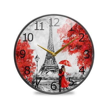 ALAZA Oil Painting Paris European Eiffel Tower Red Tree Acrylic Painted Silent Non-Ticking Round Wall Clock, 12 Inch Battery Operated Quiet Bathroom Clock for Living Room Bedroom Kitchen Decor