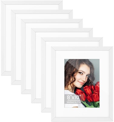LBECUA 8x10 Picture Frame Set of 6, Display Pictures 8x10 without Mat or 5x7 with Mat, Horizontal and Vertical for Wall and Tabletop, White