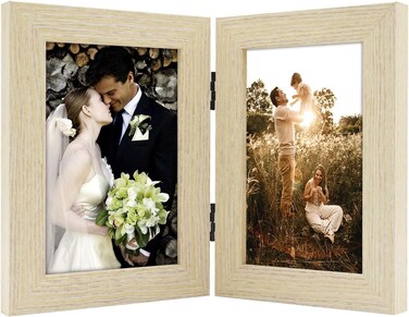 Golden State Art, 4x6 Double Picture Frame Vertical Hinged Photo Frame 2 Opening Folding Family Frames Collage, with Real Glass (4x6, Beige, 1-Pack)