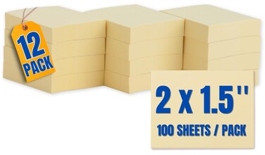 1InTheOffice Small Sticky Notes 1.5 x 2, Self-Stick Pad, Pop Up Stick Notes 1.5 x 2, Yellow, 100-Sheet 12/Pack