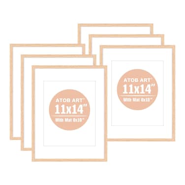 ATOBART 11x14 OAK Natural Wood Photo Frame,Picture Frames with mat 8x10 or 2 mat 5x7,Plexi Glass front Wall Hanging Gallery for Wall and Tabletop Display,set of 6