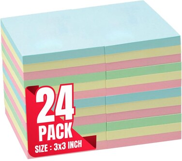 1InTheOffice Pastel Sticky Notes 3x3, Sticky Note Pads, Self-Stick Note Pads, Assorted Colors, 100-Sheet, 24/Pack