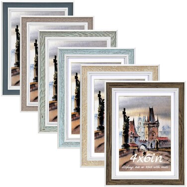 4x6 Picture Frame Set of 6, Rustic Farmhouse Photo Frame, Display 3.5x5 with Mat or 4x6 Without Mat for Decorative on Wall Hanging and Tabletop Placement