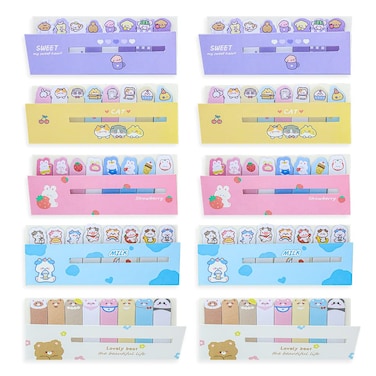 LEEFONE 10 Pack Cute Animals Bookmarks Memo Pad Sticky Note Paper Sticky Notes Page Flags, 5 Styles Self-Stick Tab Bookmark Marker Pad for Office School, 120 Sheets/Pack, 1200 Sheets
