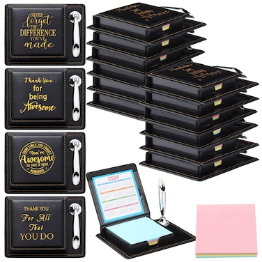 Sinload 12 Sets Christmas Thank you Gifts for Coworker Appreciation Sticky Note Holder Set 12 Employee Inspirational Sticky Note PU Leather Box with Pen Holder 12 Self Sticky Note 12 Two Year Calendar