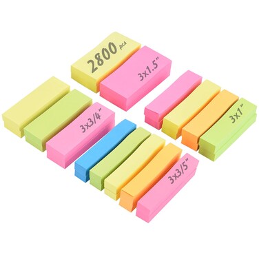 ADVcer 2800 pcs Page Markers Tabs, 4 Sizes 5 Colors Assorted Fluorescent Sticky Book Index Tabs, Tape Page Flags, Mini Small Sticky Notes (3" Long x 1.5", 1", 3/4", 3/5" Wide, 28 Pads, 100 Sheet/Pad)