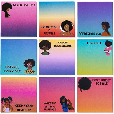 Whaline 9 Packs Black Girl Inspirational Sticky Notes Watercolor Never Give UP I Can Do IT Memo Pads 3.2x3.2 Inch Cute African Positive Memo Notepads for Nurse Women Reminder Studying School Office