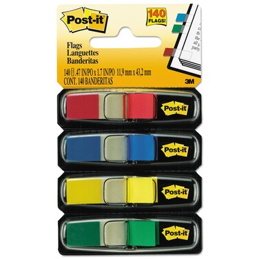 3M Post-It Flags in Dispensers, 1/2 x 1-3/4, 35/Color, 4 Colors/Pack (MMM6834)