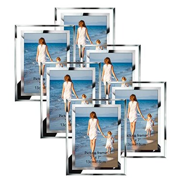 Hoikwo Bulk 5x7 Picture Frames, 6 Packs Silver Photo Frames 5 by 7, Glass Wedding Frames 5x7, Clear Mirror Wedding Photo Frames, Only for Tabletop Display Vertically or Horizontally