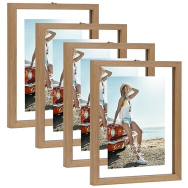 Trwcrt 5x7 Picture Frame Set of 4, Double Glass Floating Photo Frames Display up to 7 x 9 Photos for Tabletop or Wall Hanging, Natural