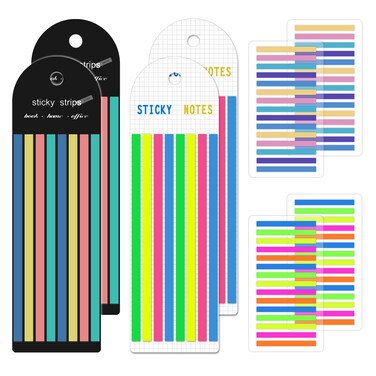 8pcs/1840 Sheets Highlighter Sticky Strips Removable Transparent Marking Sticker Long Page Markers Thin Index Tabs Sticky Notes Neon Highlighter Tape for Reading Taking Notes (2 Sizes)